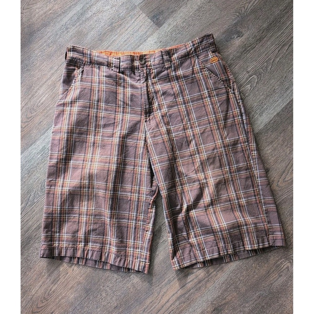 Ecko Unltd Men's Shorts Orange Brown Sz 36 Plaid Bermuda Cotton 11" Outdoor